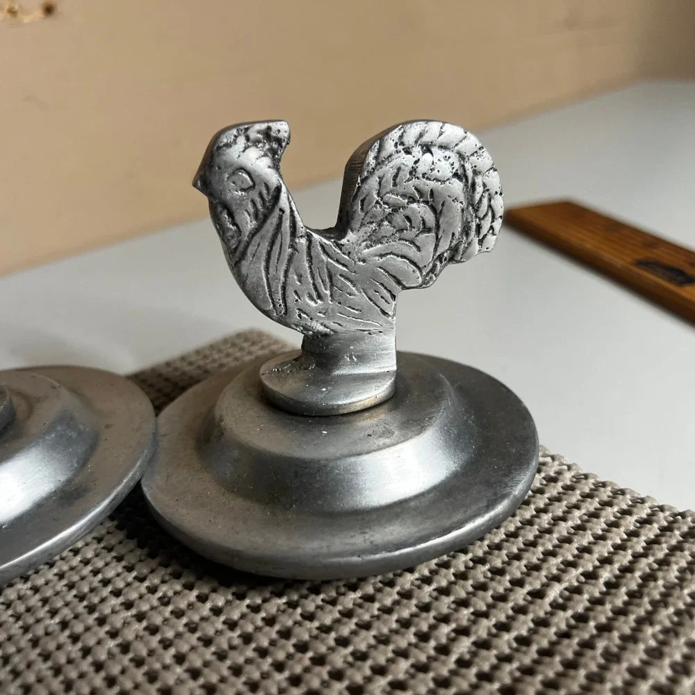 Vintage Farmhouse Cast Metal Rooster Pot Lid Knobs Silver Tone Finials Set of 2